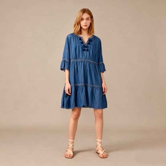 NWOT John Mark Embroidered V-Neck 3/4 Cinched Sleeve Tassel Tie Front Dress 3X - Picture 1 of 12